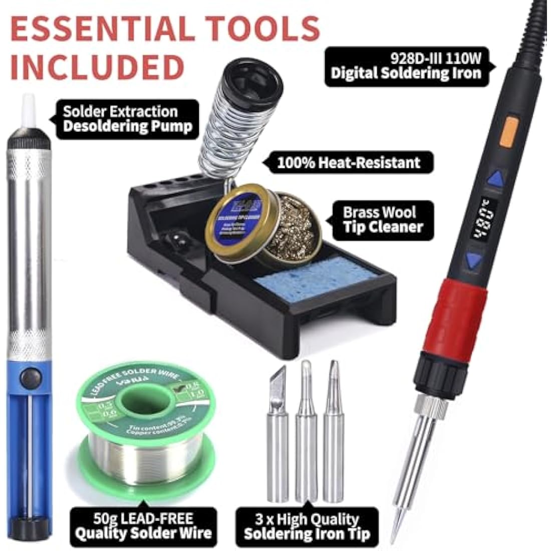 YIHUA 928D-III 110W Portable Digital Soldering Iron Kit with Temperature Stabilization Function and LED Display for Soldering & Desoldering Stained Glass(UK Plug)