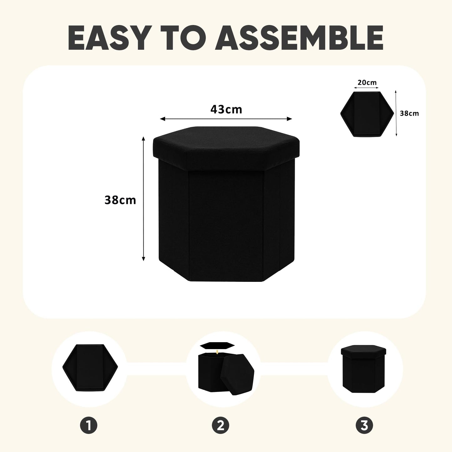 PINPLUS Folding Storage Ottoman, Linen Hexagonal Footrest, Black