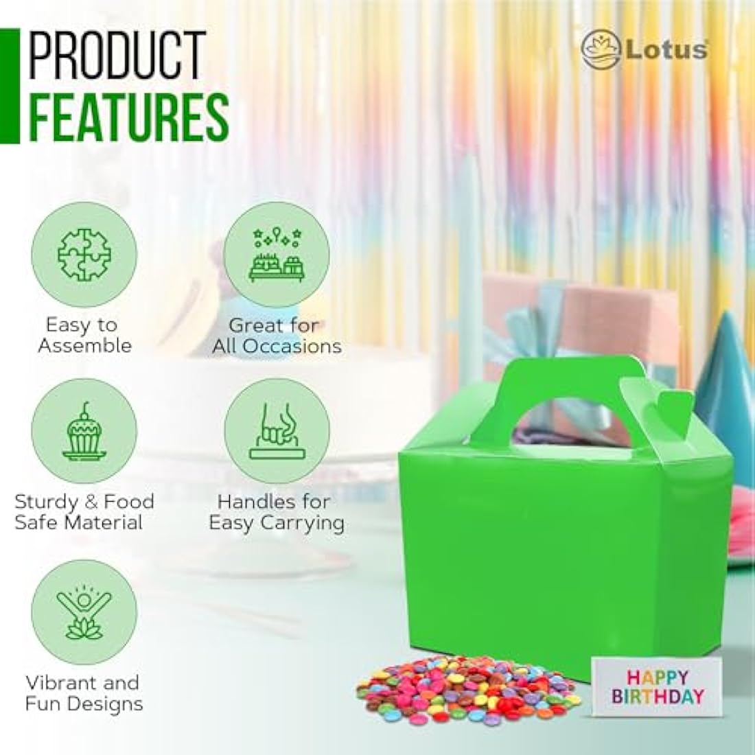 Lotus 50 x Children/Kids Plain Coloured Party Boxes Carry Food Meal Fun Picnic Birthday Wedding Favour/Baby Shower Party Halloween Trick or Treat Box Loot Bag (Neon Green)