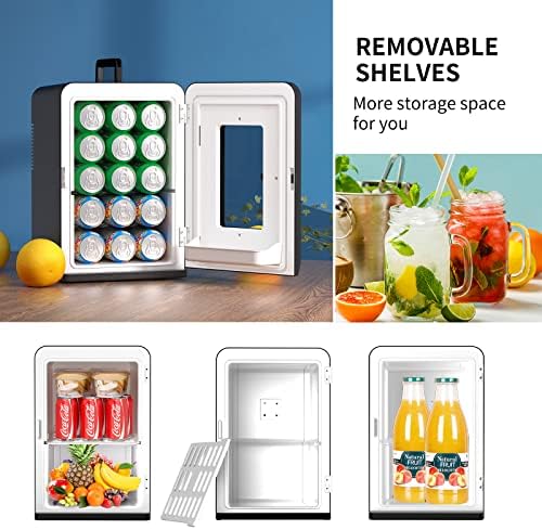 Mini Fridge 15 Liter/21 Cans, Upgrade Portable AC+DC Power Small Fridge for Bedroom, Car, Office, Thermoelectric Cooler and Warmer Skincare Fridge for Food, Drinks, Cosmetics, Max & ECO Mode
