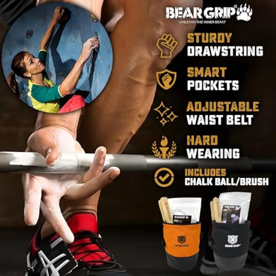 BEAR GRIP Premium Chalk Bag Bundle Pack for Rock Climbing with Waist Belt Chalk Ball and Brush.