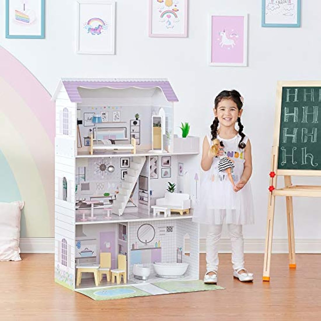 Olivia's Little World Lavender Grand 3-Story Wooden Doll House with Balcony and 16-pc. Accessory Set for 12" Dolls, White with Lavender accents