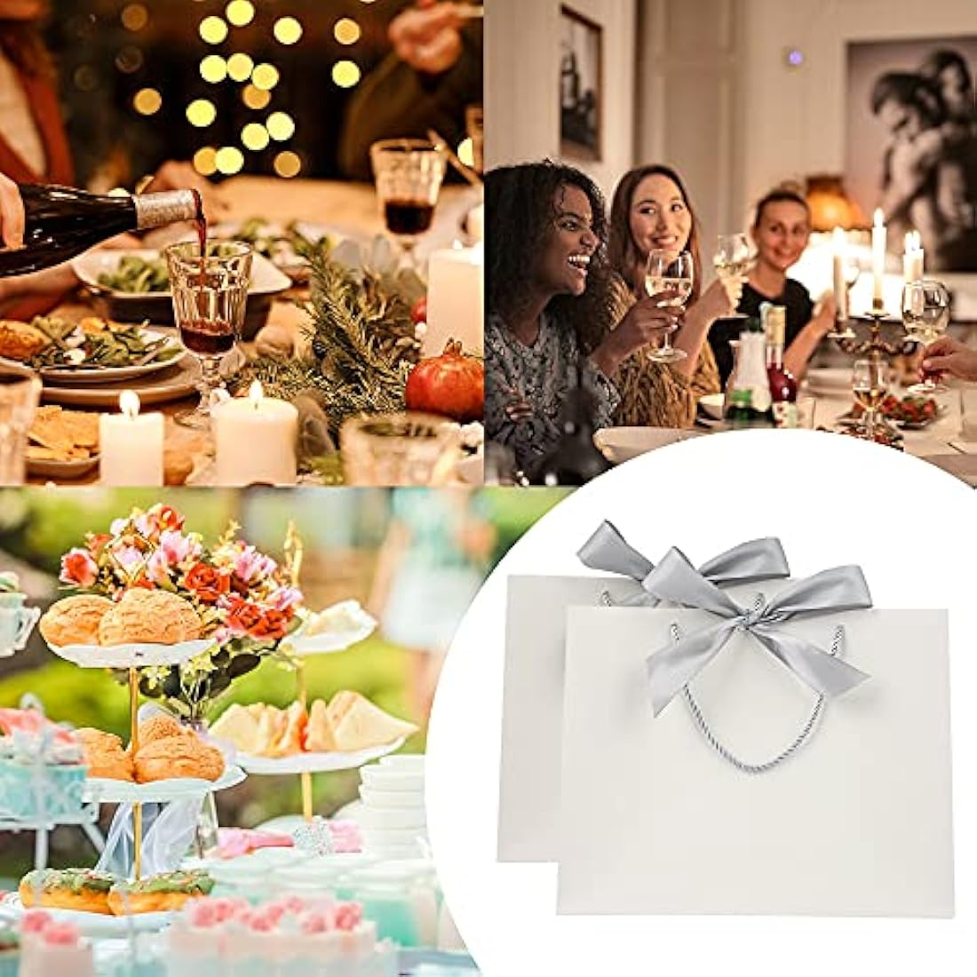 Gift Bags White with Silver Bow Ribbon,Luxury Present Bags for Birthday,Weddings,Party,Bridesmaid,Bridal Shower,12.6x9.8x3.9inches,(White,8 Pack)