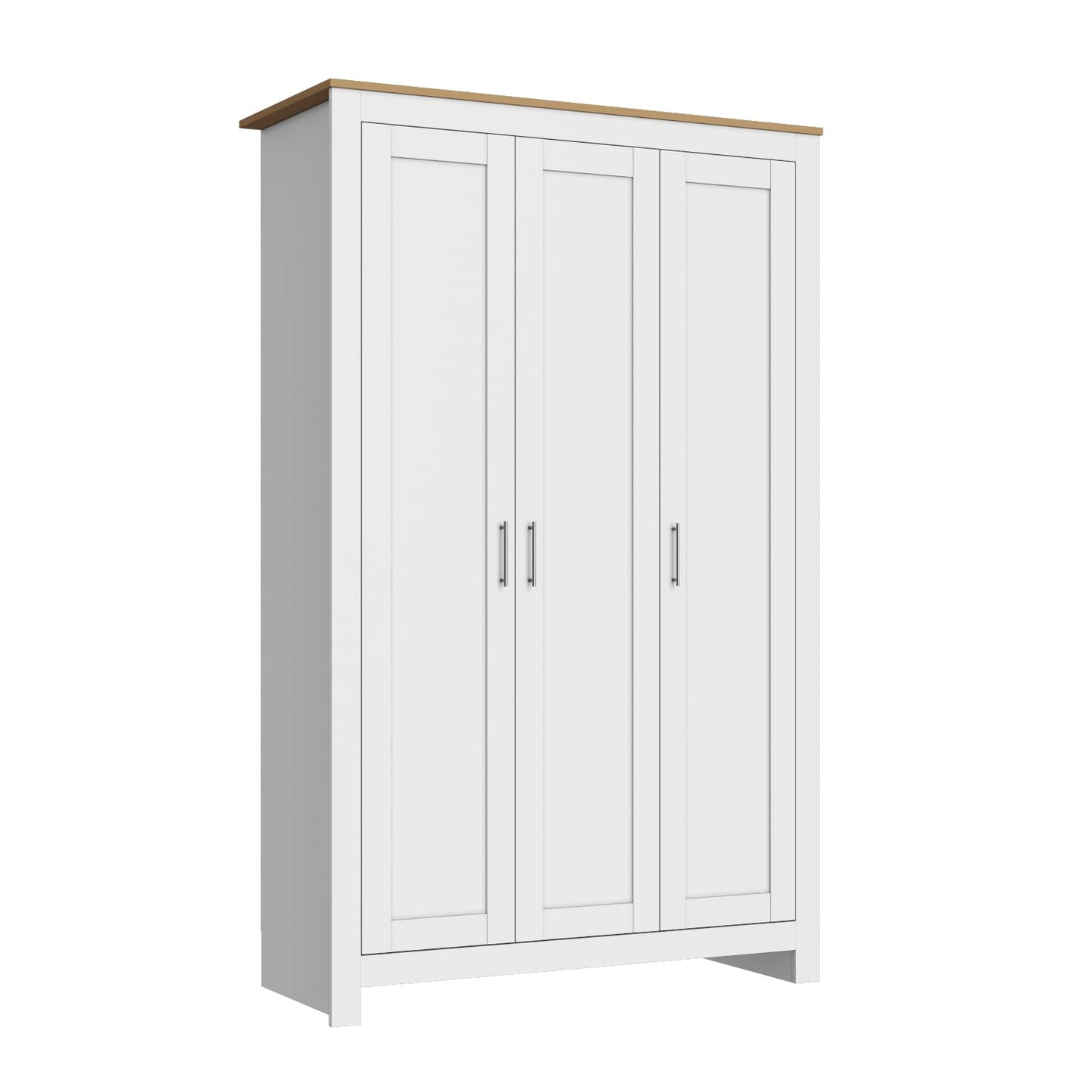 ELEGANT New Luxury 3 Doors Wardrobe with Hanging Rail Wooden Wardrobe for Blankets, Clothing and Quilt, 4 Shelves Storage, White/Oak