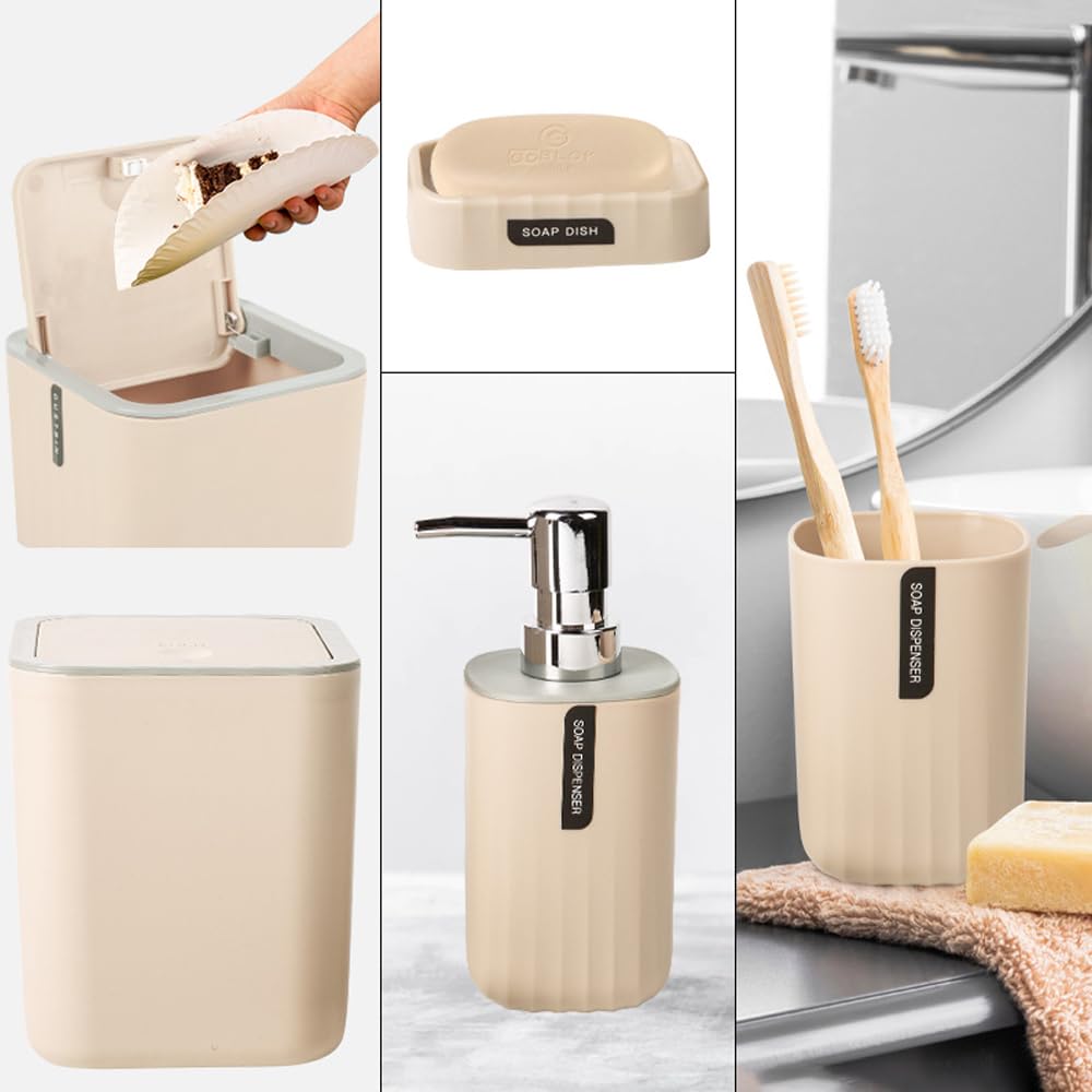 Hosoncovy 4 PCS Bathroom Accessory Set Bathroom Container Set with Soap Dispenser, Bathroom Cup, Soap Dish ，Desktop Trash Can (Yellow)