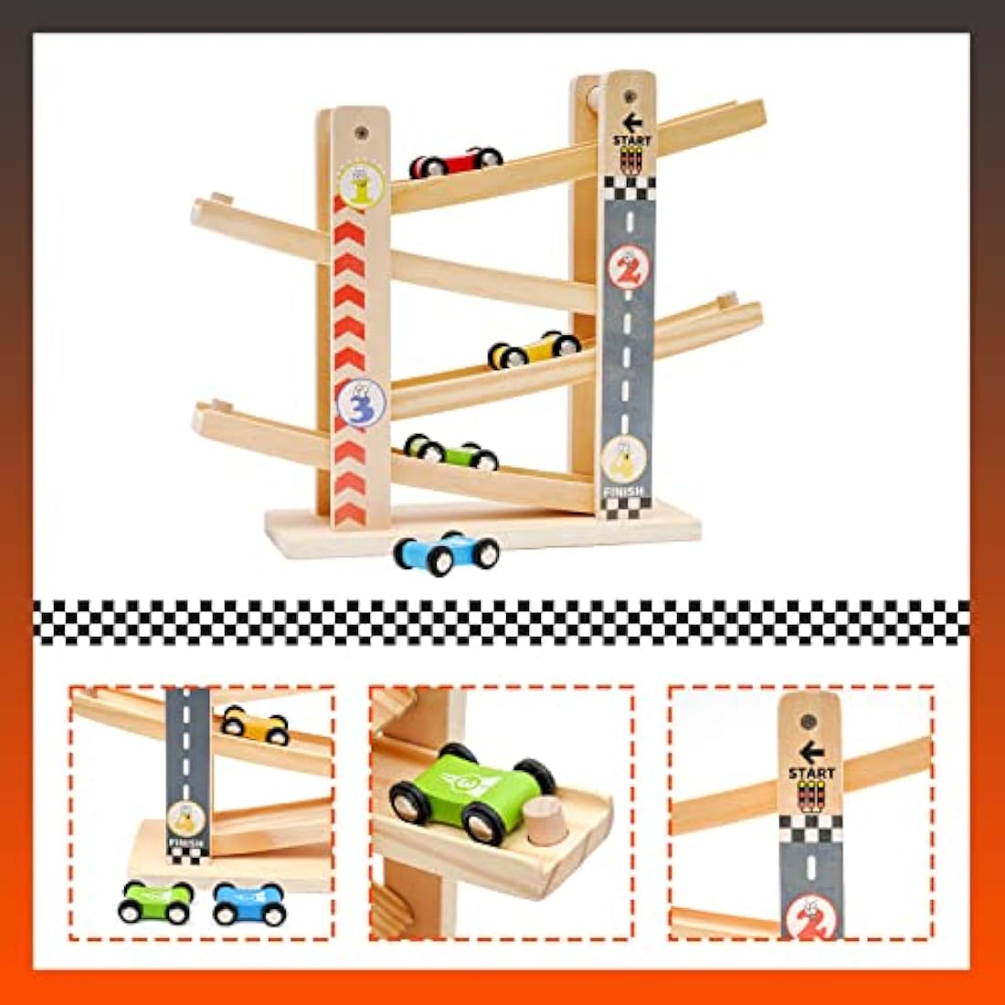 Wooden Car Ramp Toys|Zig Zag Cars Slide|Toddler Toys Wooden Race Track with 4 Wood Cars for 3 Year+ Old Boy Gifts