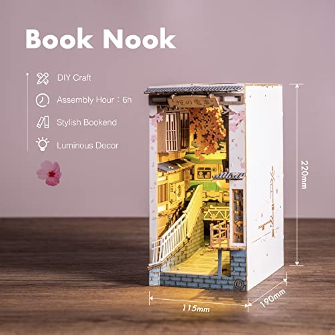 ROBOTIME Wooden Book Nook Dollhouse Kit,DIY Wall Hanging Miniature Room, Puzzle House Model Building Kits with LED Lights, Home, Bookshelf Decor (Sakura Densya)