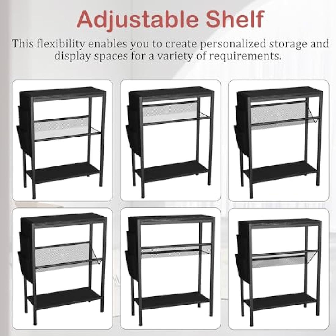 Yusong Small Narrow Side Table for Small Spaces, Slim End Table with Storage Bag, Sofa Snack Table with Adjustable Metal Mesh, 3 Tier Accent Skinny Beside Table for Living Room & Bedroom, Black Oak
