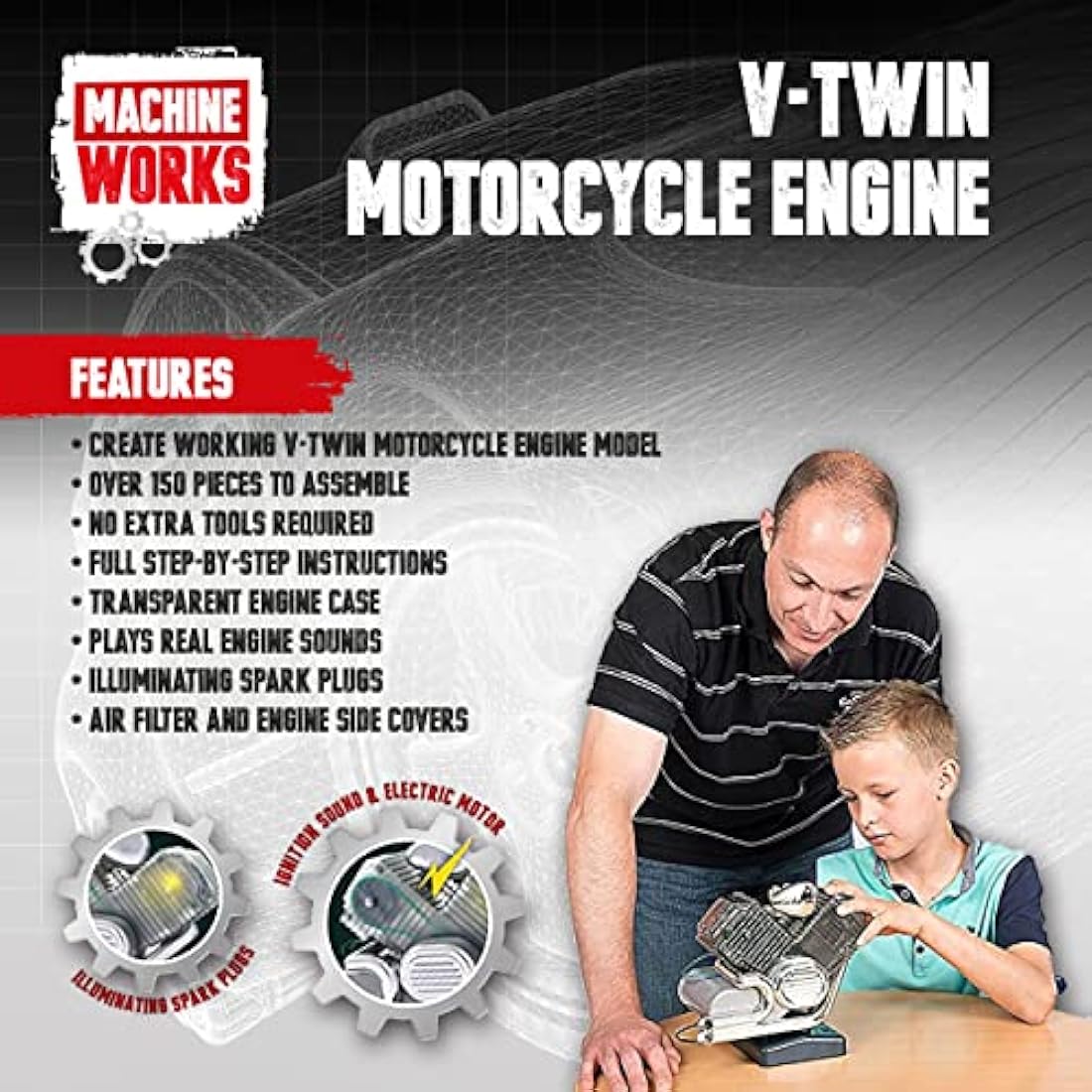 Machine Works Bulld Your Own V-Twin Motorcycle Engine Toy - Replica Model Building Kit - Features Sounds and Illumination, 150+ Pieces, 10+ Years
