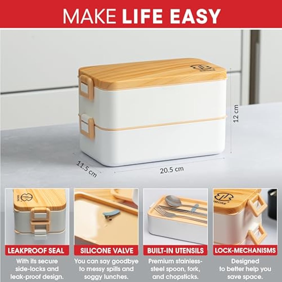 BMORE® Lunch Box,1000ml Bento Box with Stainless Steel Cutlery & Chopsticks. Stackable 2 Layer Food Container for Adults, Kids. Microwave & Dishwasher Safe (Stainless Steel Liners Included) UK Company