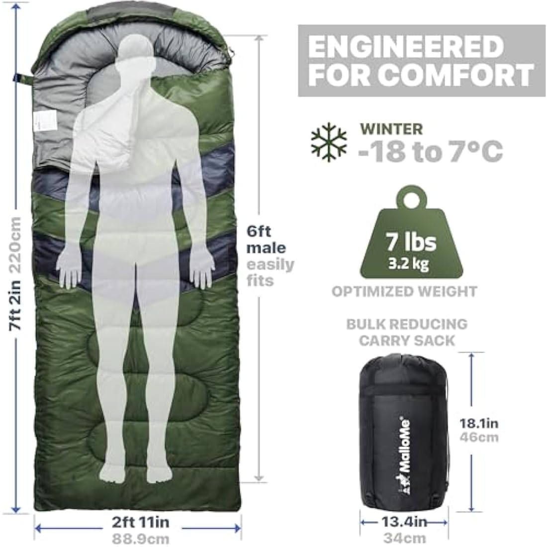MalloMe Sleeping Bags for Adults & Kids Sleeping Bag 3-4 Season - Ultralight Backpacking Sleeping Bag Cold Weather & Warm, Lightweight Compact, Single Adult Girls Boys Winter Sleep Camping Accessories