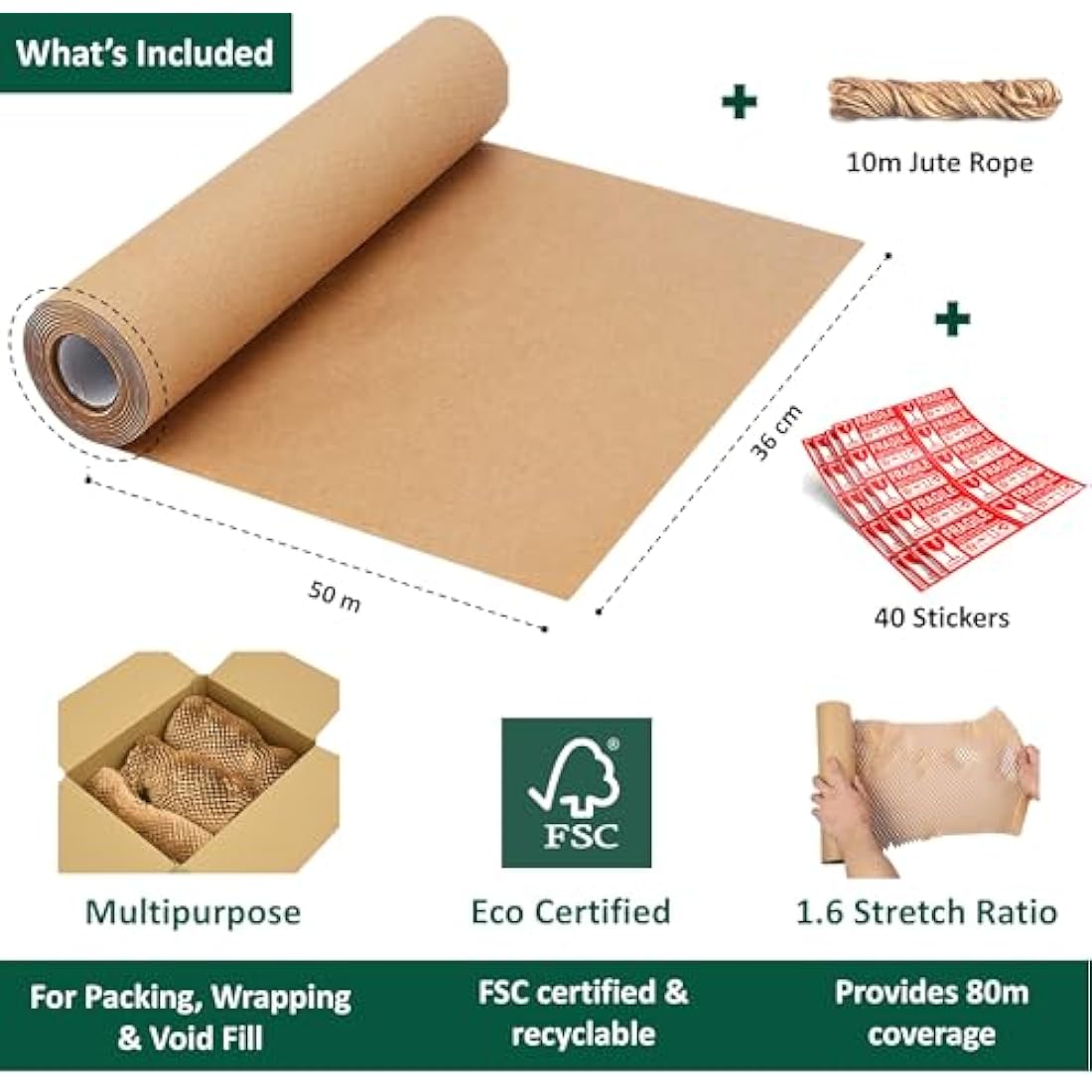 ecoTru UK Honeycomb Packing Paper 36cm x 50m, British Brand Bubble Wrap for Moving House Eco Alternative, Small Business Packaging for Shipping Wrapping & Void Fill, Recyclable & Biodegradable