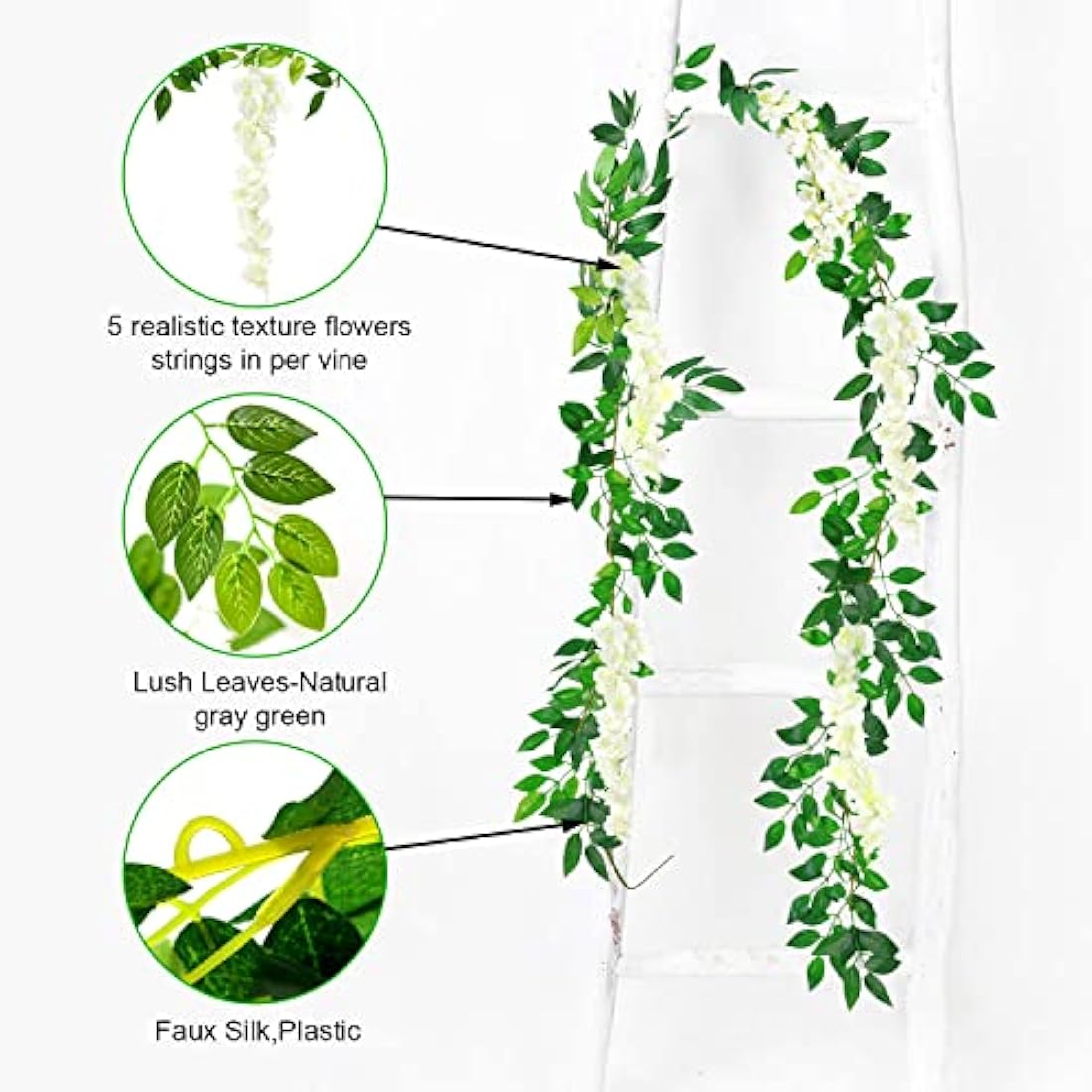 MOTONG Artificial Flowers Decoration, 4Pcs (8FT/2.5M/piece) Fake Flowers Wisteria Vines, Artificial Vine Garland Plants Arts For Ceremony Home Garden Wedding Party Decoration (4 Pcs White)