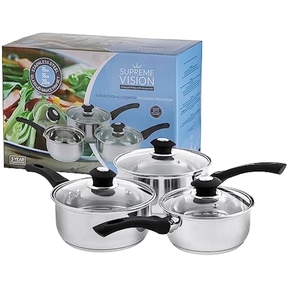 Supreme Vision SS2501 3pc Stainless Sauce pan Set with Glass Lids, Stainlees Steel, 41 x 27 x 5.5 cm