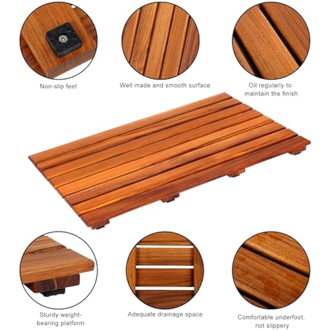 VaeFae Teak Shower Mat, Non-Slip Bath Mat, Luxury Spa Mat, Wooden Mat for Bathtub, 66 x 43.2 cm