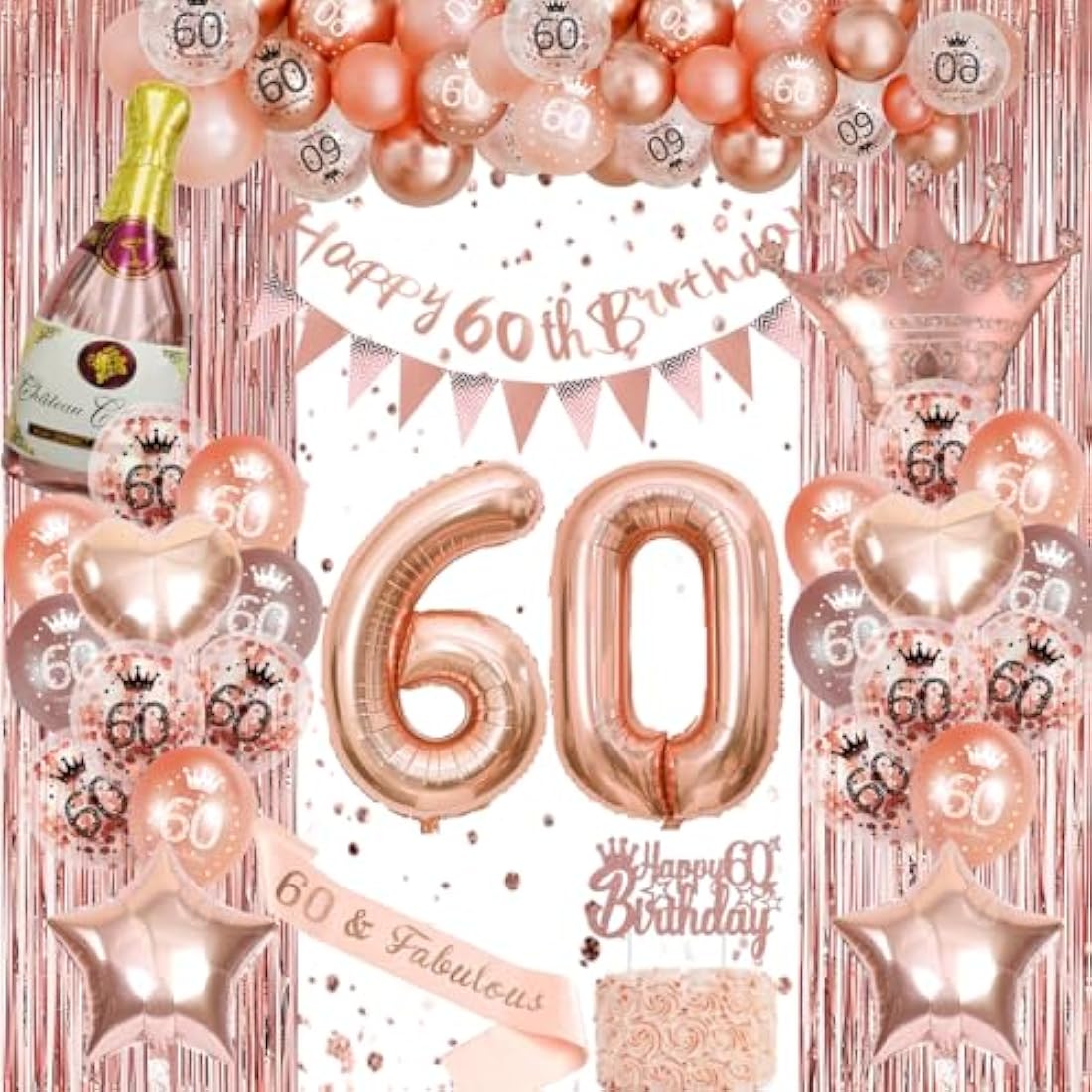 Rose Gold 60th Birthday Party Decorations Set With Balloons, Banner and Triangle Flag