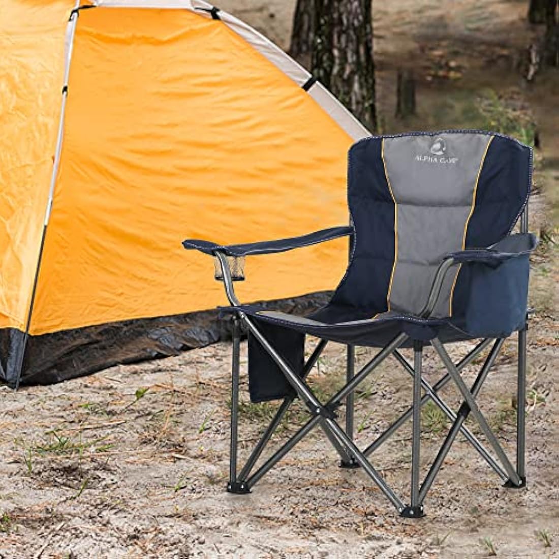 LET'S CAMP Folding Camping Chair Oversized Heavy Duty Padded Outdoor Chair with Cup Holder Storage and Cooler Bag, Support 200 KG with Thicken 600D Oxford