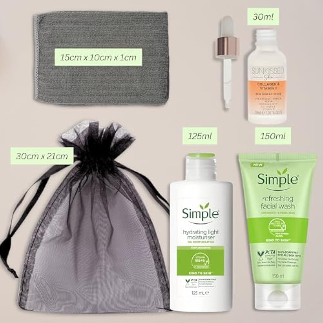 Simple Skincare Set, Simple Face Wash Set, Hydration Face Wash, Sunkissed Skin firming Serum and Moisturiser Regime Bundle, Simple Skincare Gift Set (Grey)