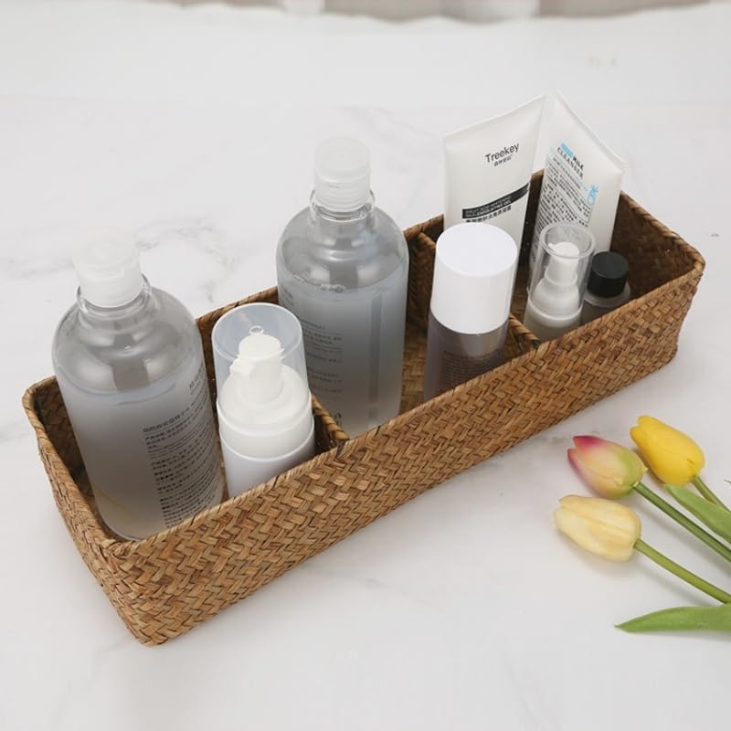 Toilet Tank Basket, Seagrass Storage Basket for Bathroom, Wicker Woven Bathroom Organizer with 3 Compartments, Small