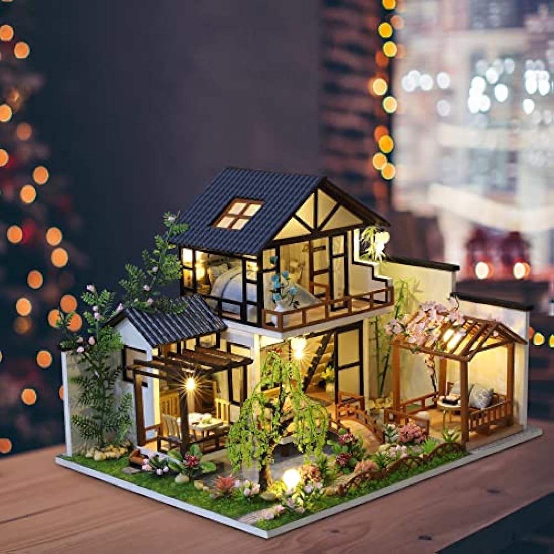 Cuteefun Miniature DIY Dolls House Kit, Wooden Doll house Kit with Furniture and Music Box, Handmade Crafts for Adults, 1:24 for Birthday, Valentine's Day Father's Day(Oriental Villa)