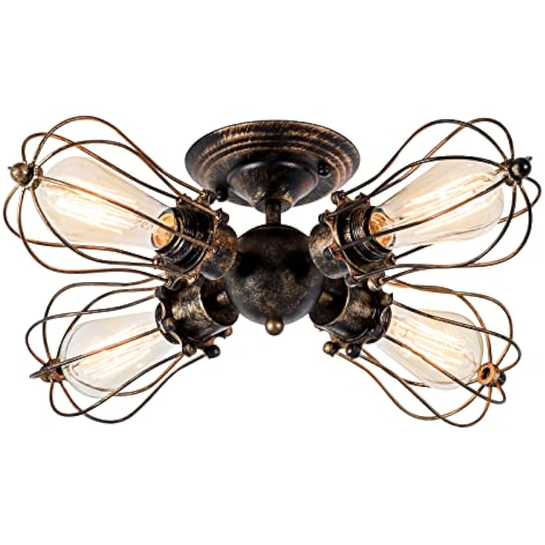 LULING Vintage Ceiling Light Industrial, Chandeliers E27 Socket Metal Wire Cage Lamp Semi-Flush Mount Rustic Ceiling Light Metal Lamp Fixtures (No Bulb) (with 4 Light) (Bronze)