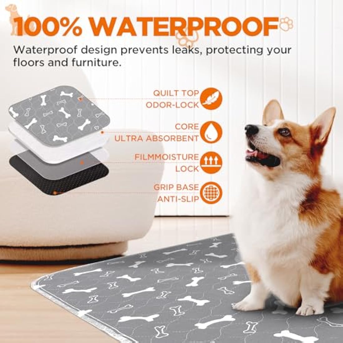 Baodan Puppy Pads Washable, Reusable Puppy Training Pads, Super Absorbent Waterproof Dog Mat Pee Pads for Dogs, Fast Drying Training Pads for Home, Car, Travel - 182x182 cm