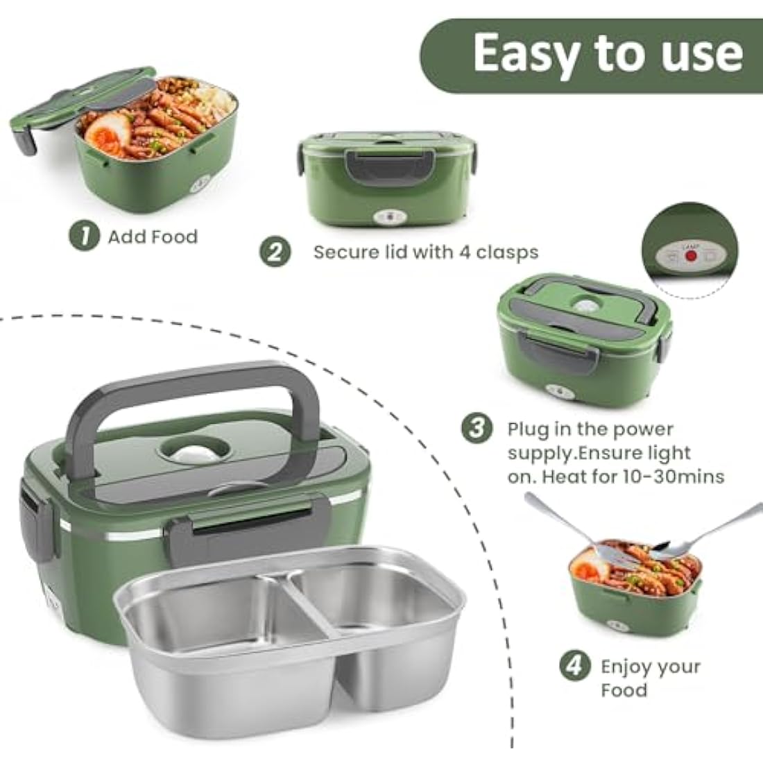 BYbrutek Electric Lunch Box 100W, 1.5L Removable Stainless Steel, 3-in-1 Portable Heated Lunch Box, 12V/24V/220V Insulated Heat Box for Car/Truck/Office/Home (Green, 1.5L)