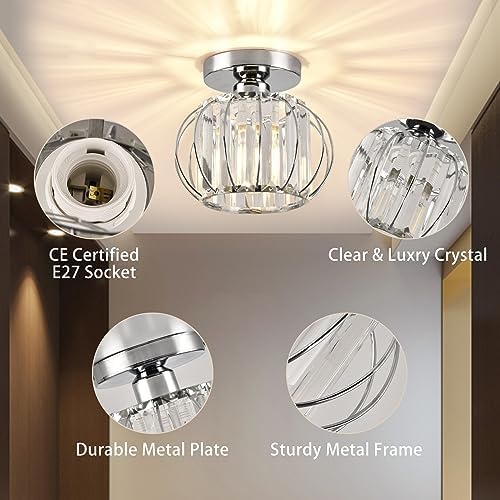 ZYDTRIP Crystals Ceiling Light Fixtures Chandelier, Small Semi Flush Mount Ceiling Light Fitting for Hallway Entrance Kitchen Bedroom Dining Rooms Living Rooms Bar (2 Pack Silver)