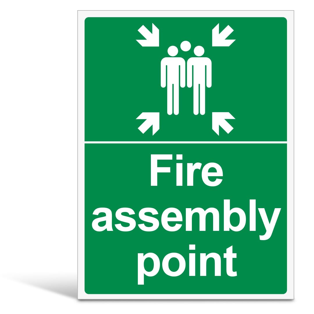 V Safety Fire Assembly Point Sign with Family Icon - Outdoor Emergency Meeting Point Signage - 300mm x 400mm Portrait, 1mm Rigid Plastic, Green &