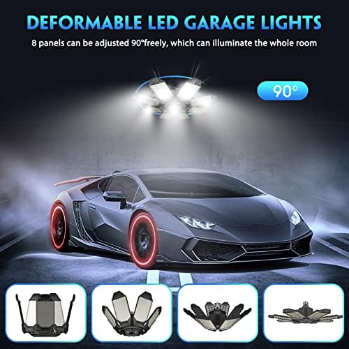 DEEIRAO LED Garage Ceiling Light, 260W 26000LM 6500K Deformable with 8+1 Adjustable Panels Commercia Bay Lamp for E26/E27 Screw Socket,Basement,Barn,Workshop,Attic (2 Packs)
