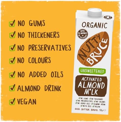 Nutty Bruce - Unsweetened Activated Almond Milk - Certified Organic & Vegan Alternative Milk, No Preservatives, Colours or Added Oils, Lactose Free, Dairy Free, Soy Free - 6 pack x 1L