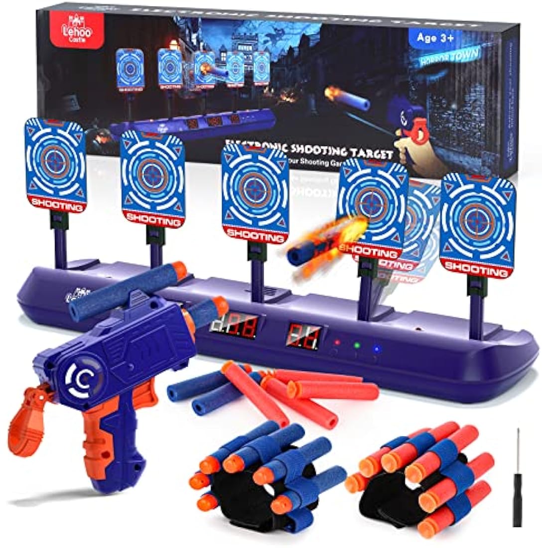 Lehoo Castle Nerf Target, Toys for 6 Year Old Boy, 5 Nerf Shooting Targets, Electronic Digital Auto Nerf Gun Target with Bullets Wrist Band for Boys Girls (Blue)