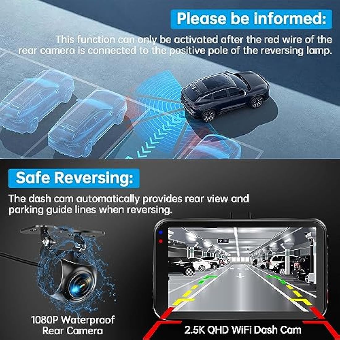 Dash Cam Front and Rear, Dashcam WiFi/APP Control Car Camera Dash Cam W/ 64GB Card, 2.5K Dash Cam Front + 1080P Rear Dash Camera W/Super Night Vision, Loop Recording, G-Sensor, Max Support 256GB
