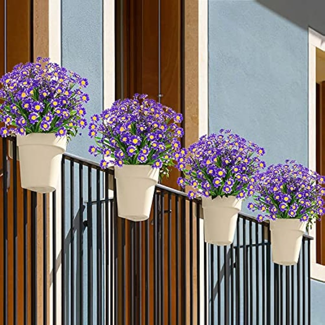 4PCS Artificial Daisy Flowers Outdoor Spring Summer Decoration UV Resistant Fake Flowers Faux Plastic Greenery Shrub Plant Indoor Outside Hanging Garden Home Porch Wedding Party Decor (Purple)