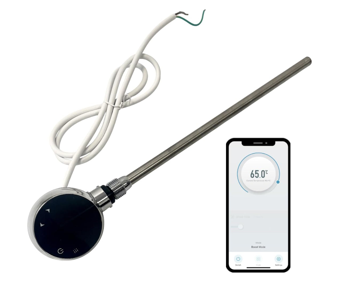 Greened House 300w WiFi Electric Smart Heating Element for Towel Rails and Radiators with LED touchscreen Thermostat/Timer Energy Efficient (Chrome)
