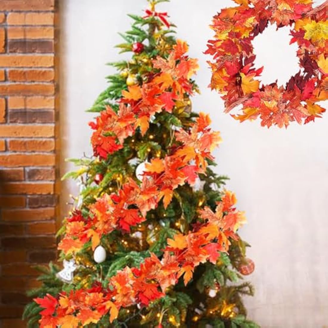 TENQUAN 2 Pack Artificial Autumn Maple Leaves, 5.7 FT Autumn Garland Decoration Fall Hanging Plant Leaves 175cm/Piece Halloween Thanksgiving Party Decor for Home Wall Garden Rireplace Stair (Red)