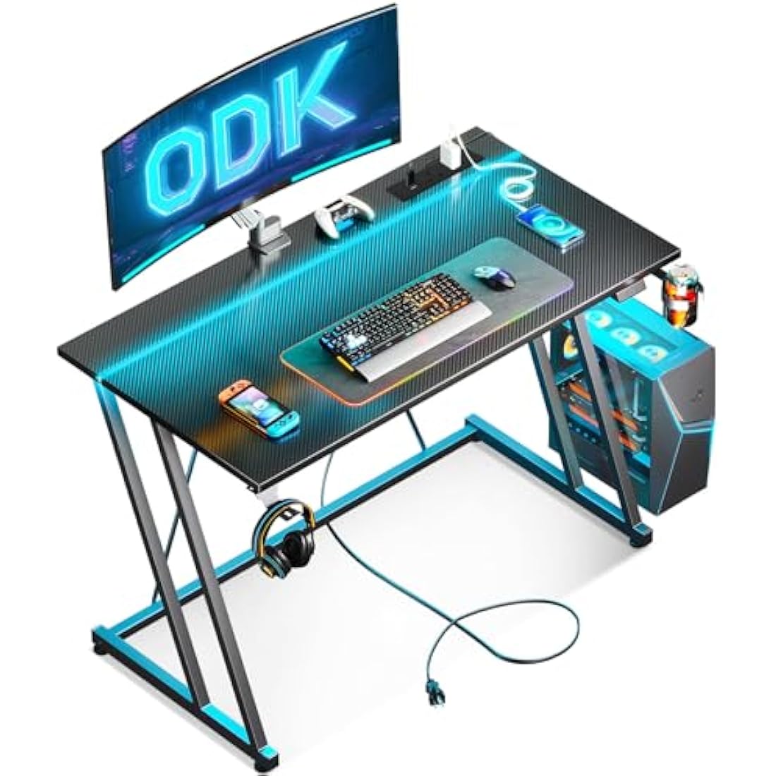 ODK Gaming Desk with LED Lights & Power Outlet, Gaming Table with Cup Holder and Headphone Hook, Double Z Frame Design Computer Desk, Carbon Fiber Black 100 cm