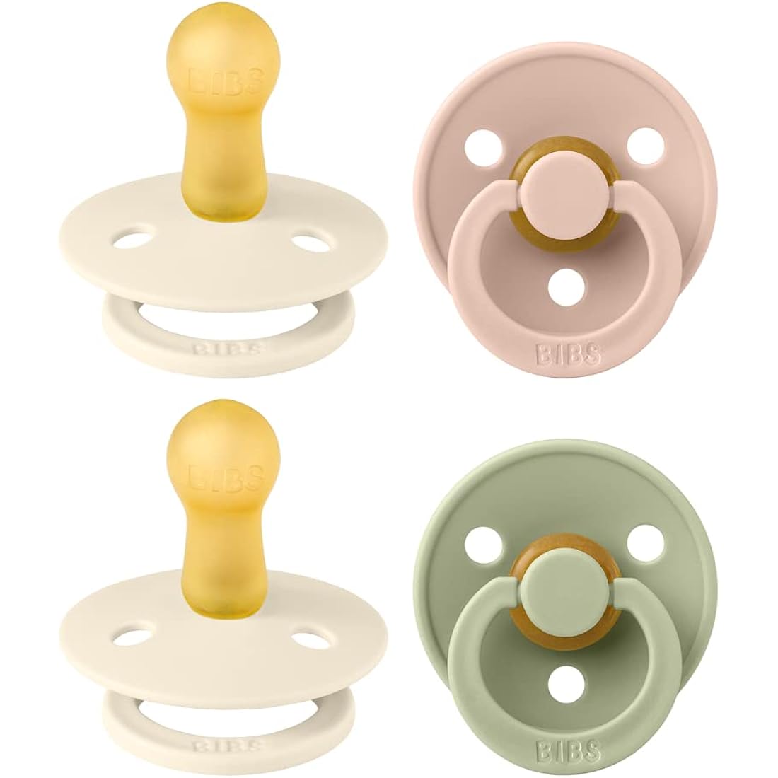 BIBS Dummies Colour 4-Pack, BPA Free Dummy Pacifier, Round Nipple Soothers, Natural Rubber Latex, Made in Denmark. 6-18 Months (Pack of 4), Ivory Mix