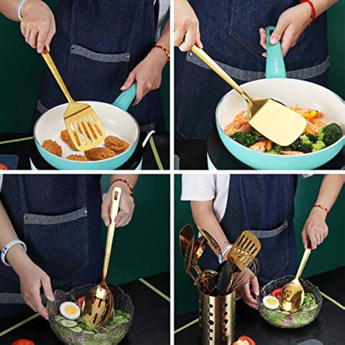 Berglander Gold Cooking Utensils Set, Stainless Steel 13 Pieces Kitchen Utensils Set with Titanium Gold Plating, Kitchen Tools Set with Utensil Holder, Dishwasher Safe, Easy to Clean