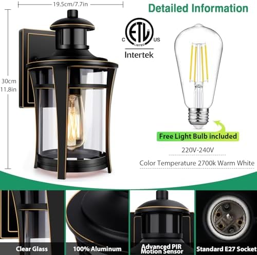 Lamomo Outdoor Wall Lights,Security Motion Sensor Lights Outdoor with Bulb,Waterproof Aluminum Dusk Till Dawn Outside Lights,3 Lighting Modes Wall Lantern Sconce with Sensor for Garden Doorway, Black