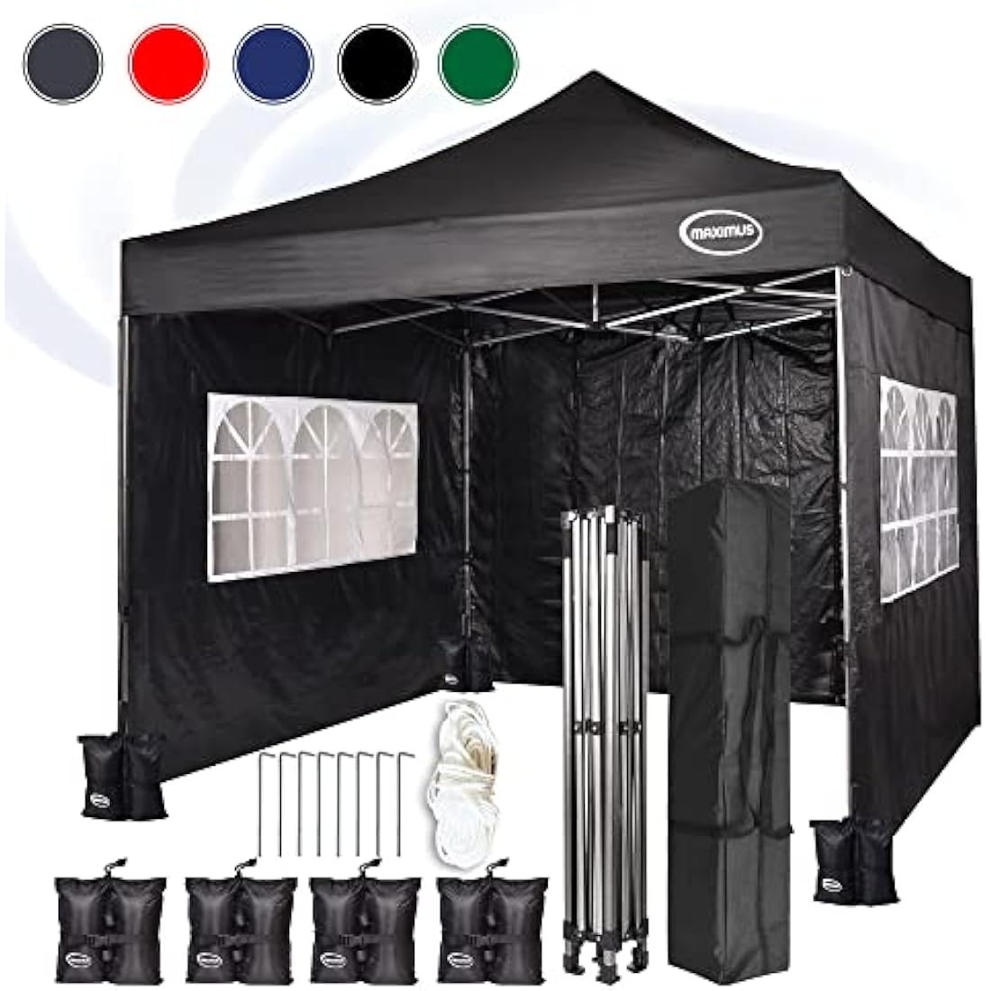 MAXIMUS HEAVY DUTY POP UP GAZEBO 3m x 3m COMMERCIAL MARKET STALL WITH 4 WEIGHT BAGS (4 Walls, Black)