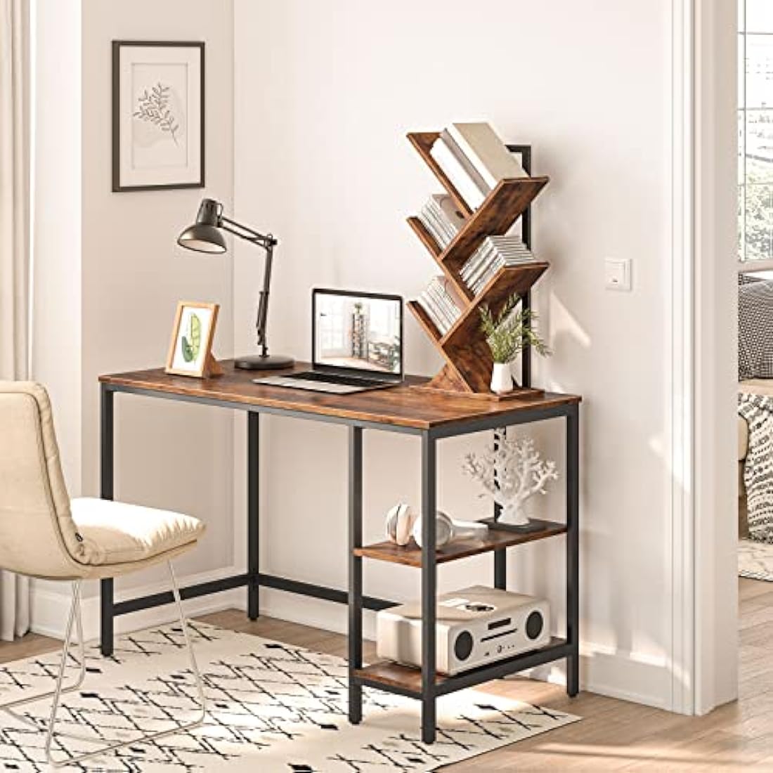 HOOBRO Tree Book Shelf 71 cm, 4-Tier Small Bookcase, Floor Free Standing Bookshelf, Desktop Bookcase, Display Book Magazine CDs Rack, Rustic Brown and Black EBF04SJ01G1