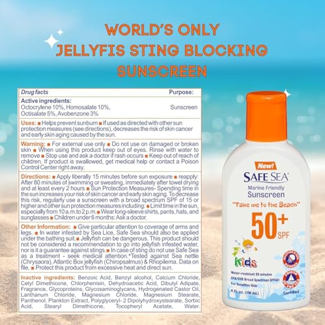 Safe Sea Anti-jellyfish Sting Protective Lotion for Kids - SPF50+ - Jellyfish & Sea Lice Prevention Sunscreen (Kids2pack)