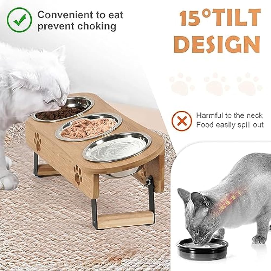 GHIAKQYT Raised Feeding Bowls - Cat Feeding Station 3 Bowls Raised Cat Bowl Height Adjustable Feeding Bowl Feeding Bar with Stand Stainless Steel Bowls for Water Food - Feeding Bowl for Cats (Bamboo