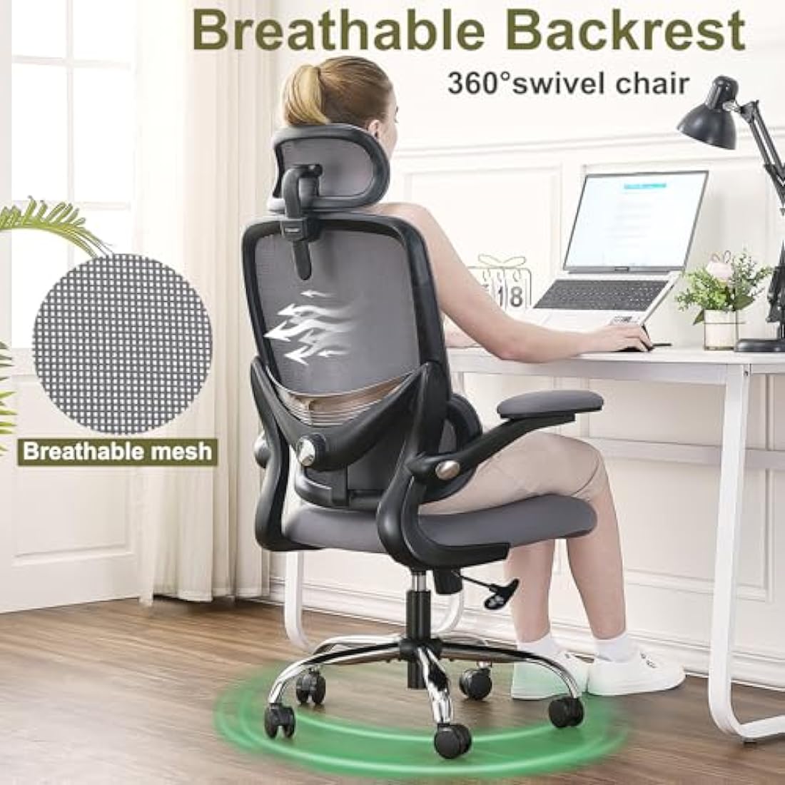 TONFARY Ergonomic Office Chair - High Back Mesh Design with Adjustable Lumbar Support, Flip-Up Armrests, Removable Headrest & 360° Swivel - Space-Saving for Home, Work, or Gaming - Black + Grey