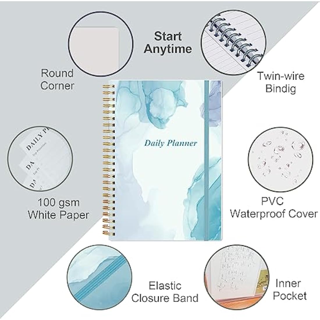 Daily Planner Undated - A5 To Do List Notebook Hourly Schedules, Spiral Appointment Planner for Women and Men, PVC Hardcover, Inner Pocket, Elastic Closure, 5.8" x 8.5", Blue Watercolor