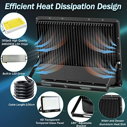 YIQIBRO 200W LED Floodlight Outdoor, 20000LM 7000K Super Bright Security Light, IP67 Waterproof Spotlight for Garden, Garage, Yard, Factory, Warehouse