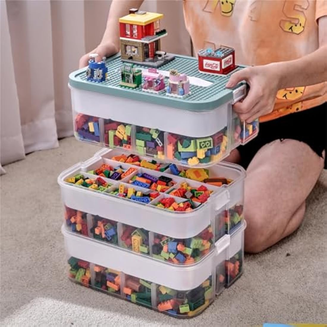 MueJah Storage Organizer for Lego, 3 Tier Stackable Storage Bin Transparent Building Bricks Puzzle Craft Plastic Container Organizing Sorter, Green