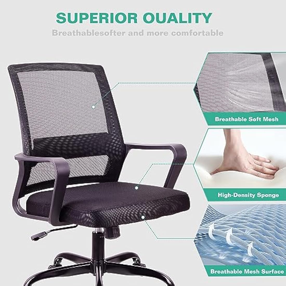 T-THREE.Adjustable office chair, ergonomic mesh swivel seat, with lumbar support, height adjustment, 360° rotation, and tilt function, mesh backrest for home office(Black)