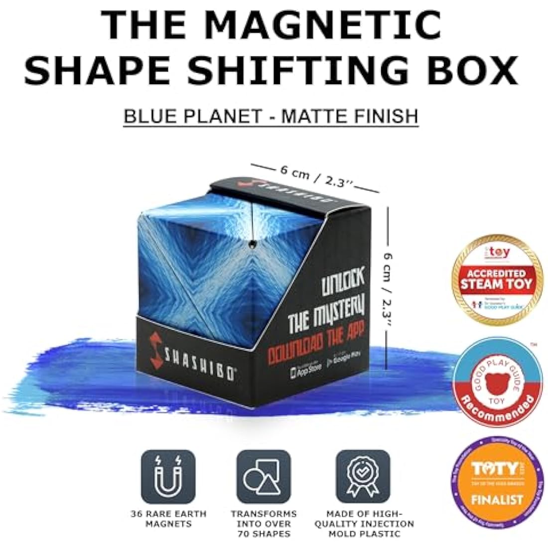 SHASHIBO Shape Shifting Box - Award-Winning, Patented Fidget Cube w/ 36 Rare Earth Magnets - Transforms Into Over 70 Shapes (Blue Planet)